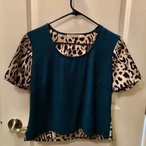 Liberty Love slightly cropped teal front and animal print back and sleeves top